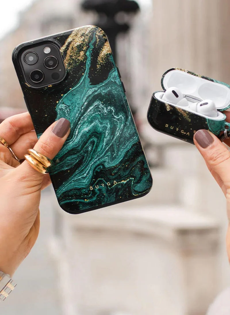 بورجا جراب فاخر متوافق مع iPhone 16 Pro - غلاف صلب مزدوج الطبقات هجين + حماية من السيليكون - تصميم حجر اليشم الأخضر الزمردي مع رخام ذهبي لامع - غطاء مقاوم للخدش والصدمات