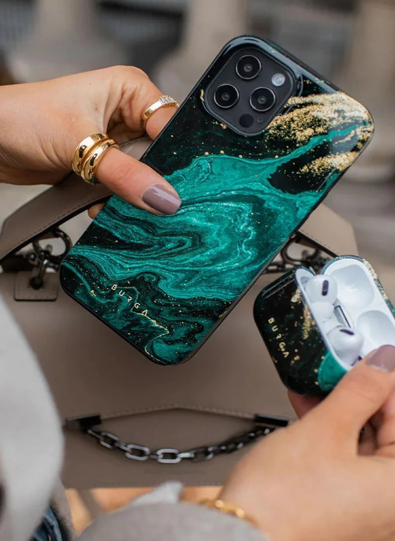 بورجا جراب فاخر متوافق مع iPhone 16 Pro - غلاف صلب مزدوج الطبقات هجين + حماية من السيليكون - تصميم حجر اليشم الأخضر الزمردي مع رخام ذهبي لامع - غطاء مقاوم للخدش والصدمات