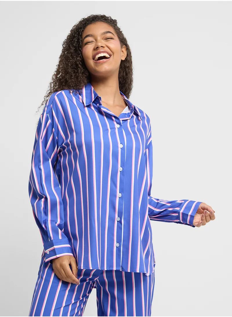 جينجر Pinstripe Oversize Shirt & Wide Leg Pant Coord Set