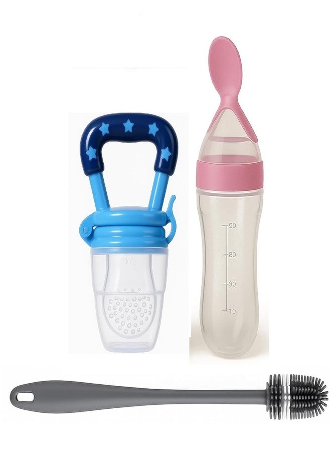Joy Buzz Baby Food Dispensing Spoon Feeder Bottle 90ml and Fruit Feeder/Nibbler/Pacifier with Cleaning Brush Pack of 3 (Pink-BLU) - Image 1