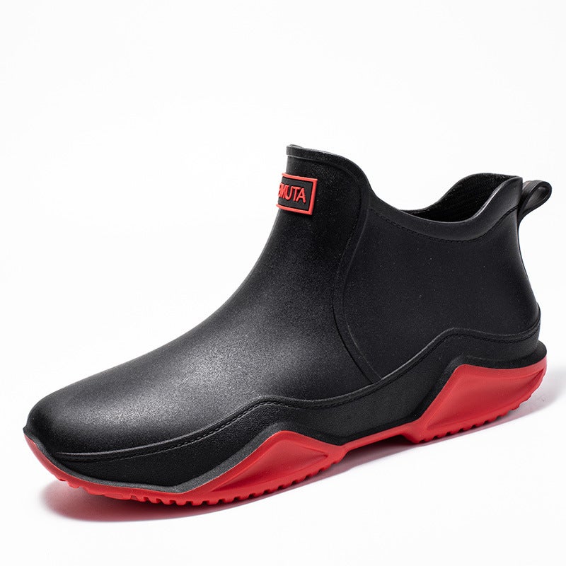 Fashionable Short PVC Rain Boots for Men Black with red background 