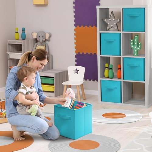 Sorbus Foldable Storage Cubes 6 Fabric Baskets for Organizing Pantry Closet Shelf Nursery Playroom Toy Box Cubby 11 Inch Dual Handle Collapsible Closet Organizers and Storage Bins Aqua - Image 3