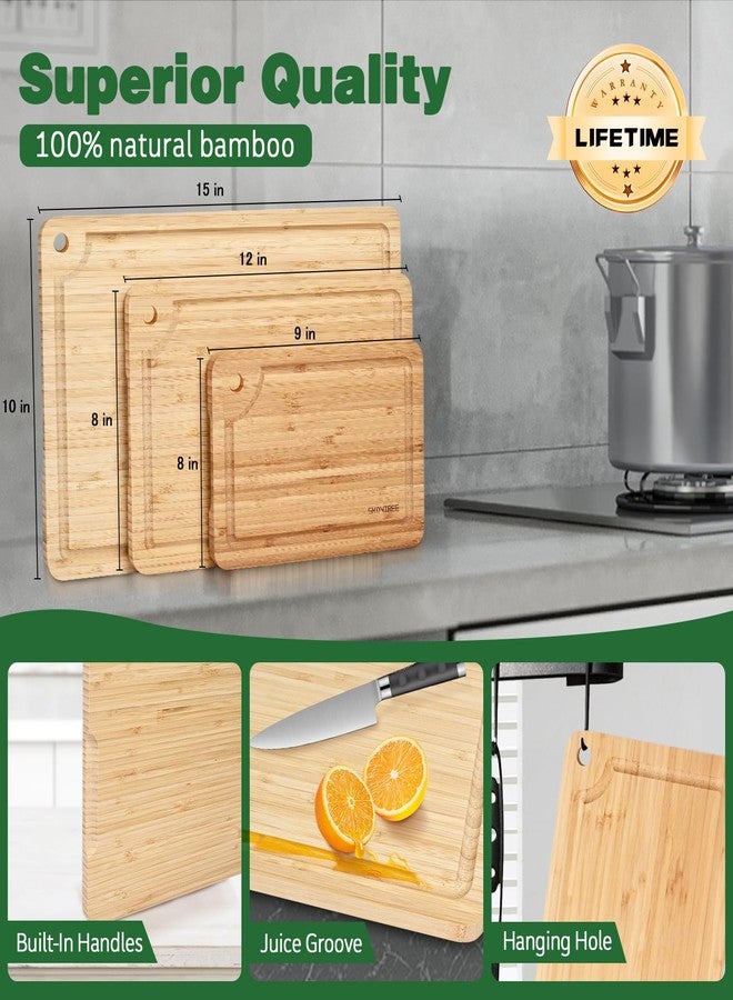 Skovtree Bamboo Cutting Board Set of 3, Cutting Board for Kitchen with Handle, Juice Groov, Chopping Board for Meat, Vegetables, Fruits - Image 3