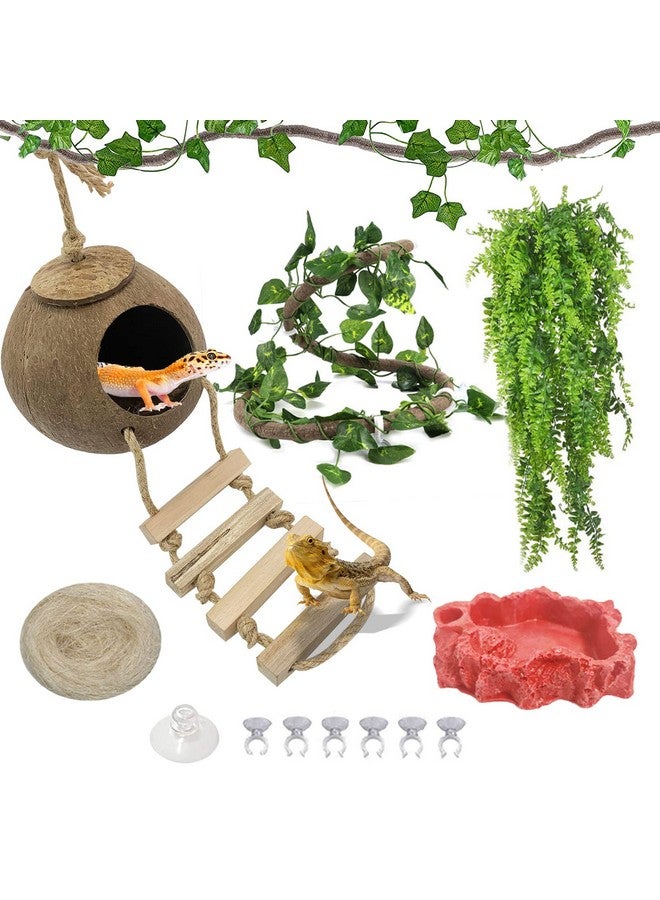 Hamiledyi Crested Gecko Coco Hut Natural Reptile Coconut Hideouts Lizard Water Food Bowls Climbing Porch Hiding Sleeping Breeding Pad Jungle Vine Flexible Reptile Leaves For Bearded Dragon 6Pcs - Image 1