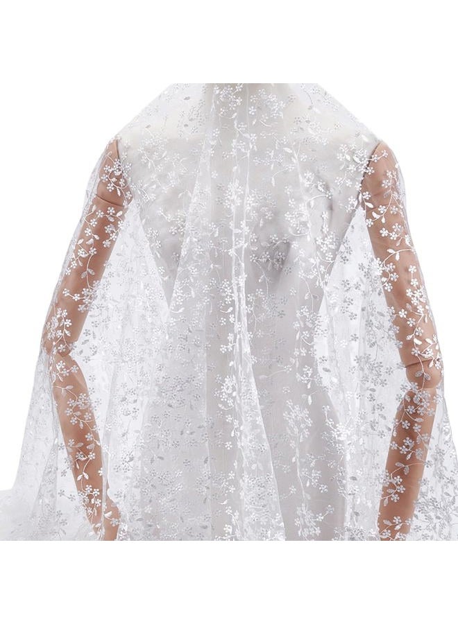 MAYJOYDIY 2 Yards White Flower Branch Embroidered Lace Fabric 59inch Floral Leaf Mesh Lace Trim Wedding Accessories Tulle for DIY Wedding Dresses Half Skirt Dress Curtains Background - Image 1