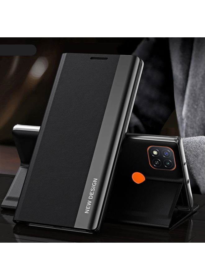 HuHa Case Cover For Xiaomi Redmi 9C Side Electroplated Magnetic Ultra-Thin Horizontal Flip Leather Case with Holder Black 