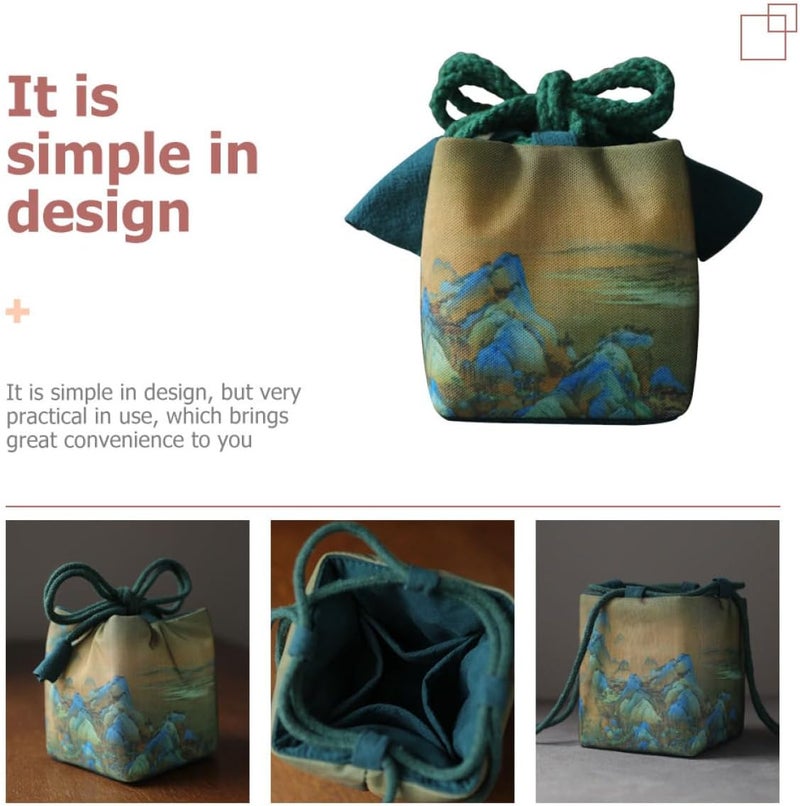 Ipetboom Portable Cloth Teacup Bag Multi-function Teacup Storage Container Household Accessory Suitable for Travel and Home Use Medium Size with Traditional Chinese Painting Design - Image 3