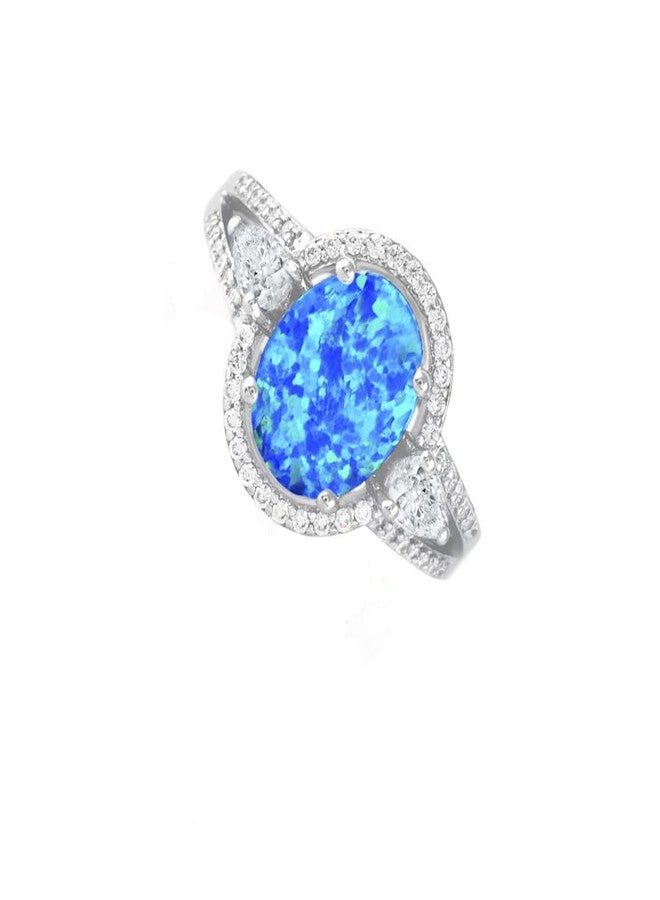 Savlano 14K White Gold Plated Created Oval Blue Opal Stone with Cubic Zirconia Ring for Women - Comes With a Gift Box (7) - Image 2