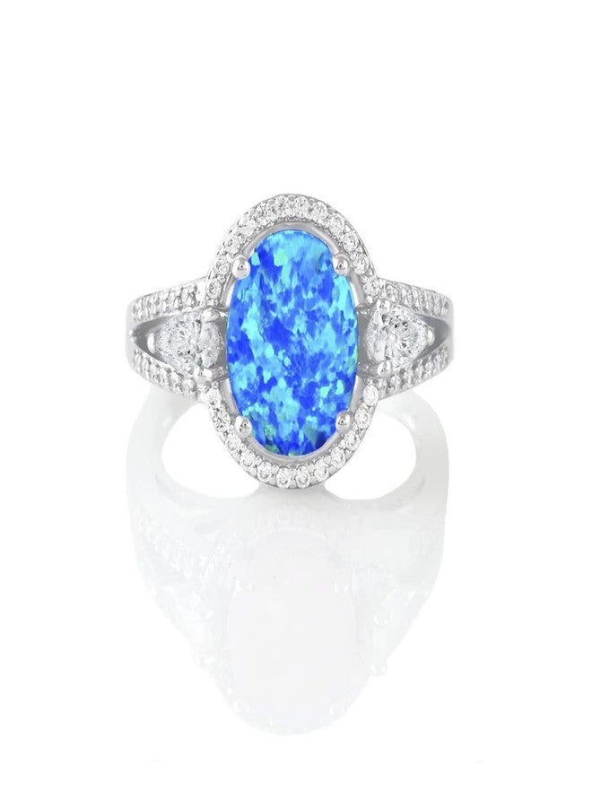 Savlano 14K White Gold Plated Created Oval Blue Opal Stone with Cubic Zirconia Ring for Women - Comes With a Gift Box (7) - Image 1