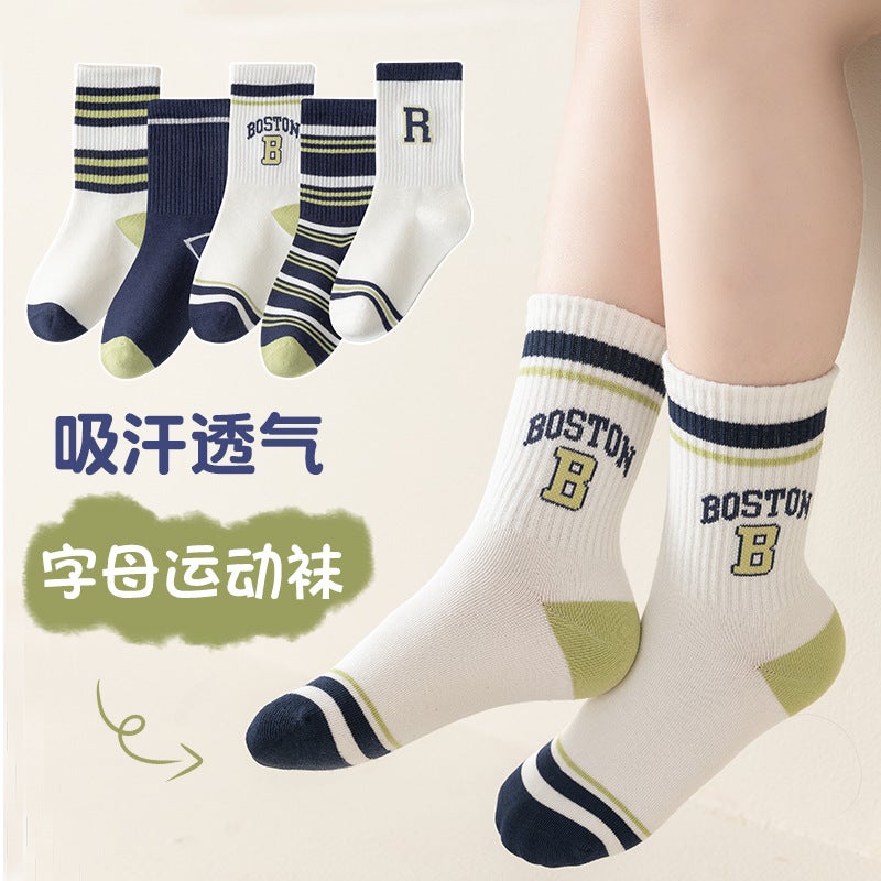 Children'S Socks Mid-Calf Cotton Socks Boys Students Letters Tide Socks Middle And Big Children Teenagers Sports Socks - Image 1