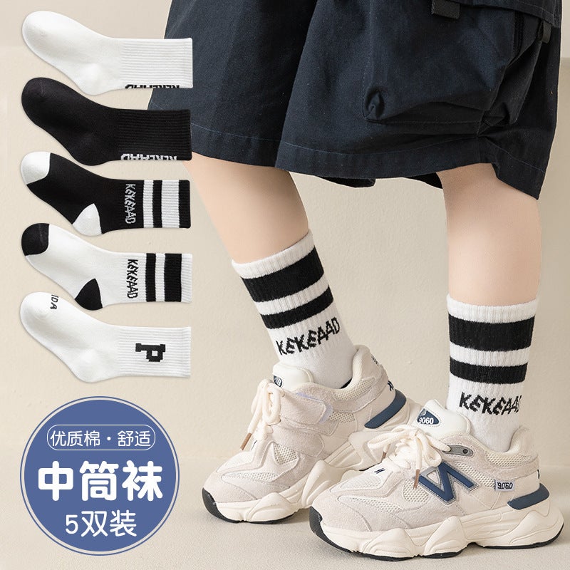 Children'S Socks Mid-Calf Cotton Socks Boys Students Letters Tide Socks Middle And Big Children Teenagers Sports Socks - Image 3