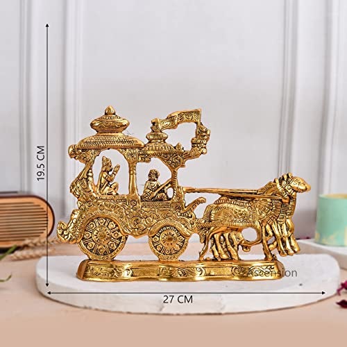ascension Metal Gold Plated Antique Lord Krishna and Arjun Rath Chariot with Two Horses for Home Office Pooja Room Living Room Diwali Gift Items - Image 5