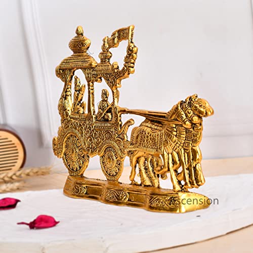 ascension Metal Gold Plated Antique Lord Krishna and Arjun Rath Chariot with Two Horses for Home Office Pooja Room Living Room Diwali Gift Items - Image 3
