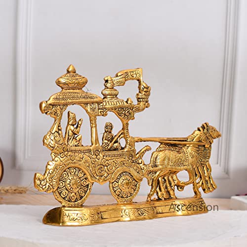 ascension Metal Gold Plated Antique Lord Krishna and Arjun Rath Chariot with Two Horses for Home Office Pooja Room Living Room Diwali Gift Items - Image 4