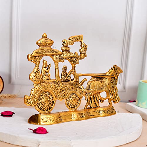 ascension Metal Gold Plated Antique Lord Krishna and Arjun Rath Chariot with Two Horses for Home Office Pooja Room Living Room Diwali Gift Items - Image 2