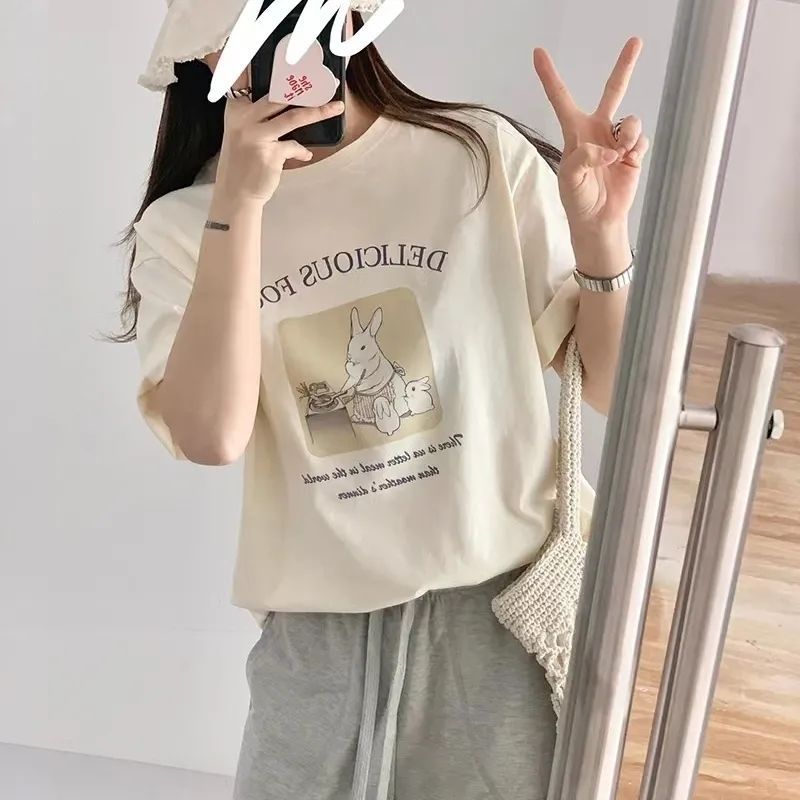 Super Hand-Feeling Modal Korean Style Bunny Sweet Loose All-Match 2025 Cartoon Printed Casual Short-Sleeved T-Shirt for Women - Image 3