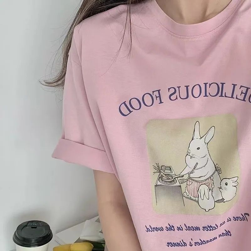 Super Hand-Feeling Modal Korean Style Bunny Sweet Loose All-Match 2025 Cartoon Printed Casual Short-Sleeved T-Shirt for Women - Image 2