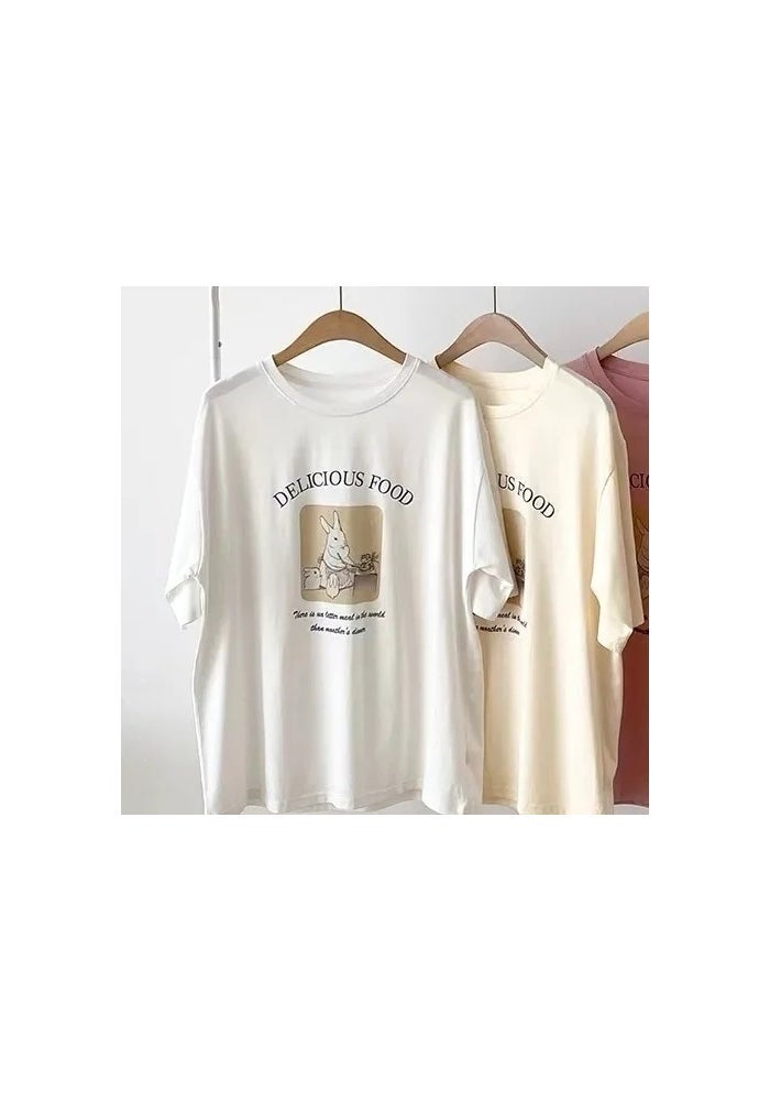 Super Hand-Feeling Modal Korean Style Bunny Sweet Loose All-Match 2025 Cartoon Printed Casual Short-Sleeved T-Shirt for Women - Image 1