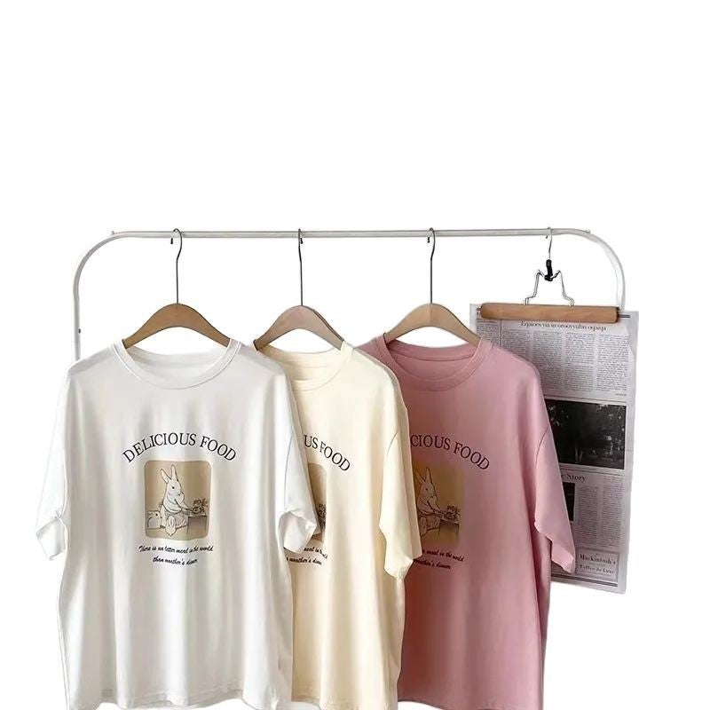 Super Hand-Feeling Modal Korean Style Bunny Sweet Loose All-Match 2025 Cartoon Printed Casual Short-Sleeved T-Shirt for Women - Image 5