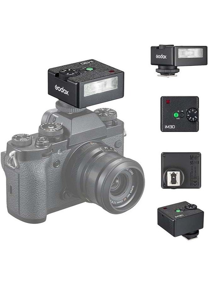 عربست فلاش Godox iM30 Camare، فلاش صغير، GN15 مع 13 مستوى من قوة الفلاش، CCT 6500K±200K مع التحكم البصري S1/S2 لكاميرات فوجي وكانون ونيكون وسوني وأوليمبوس  - Image 1