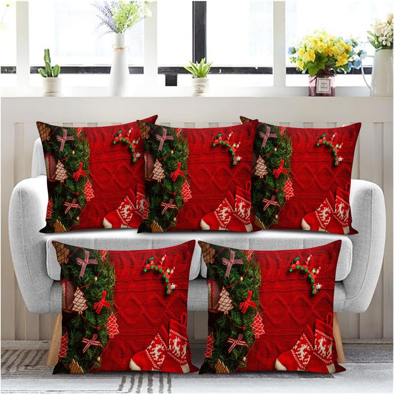 BMRGIFTS Soft Fabric Designer Decorative Printed Merry Christmas Theme Cushion Cover Xmas Decorations for Sofa Living Room Set of 5 12 x 12 inch Multi (CHMCC63) - Image 1
