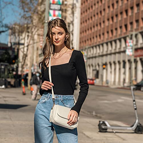 EVVE Small Crossbody Bag for Women Trendy Vegan Leather Flap Saddle Purses with Adjustable Shoulder Strap - Off White - Image 2