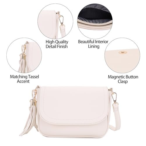 EVVE Small Crossbody Bag for Women Trendy Vegan Leather Flap Saddle Purses with Adjustable Shoulder Strap - Off White - Image 4