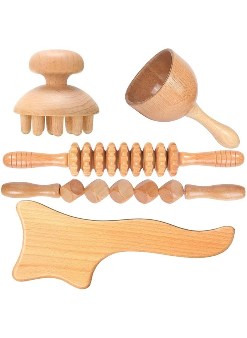 6 Piece Wooden Therapy Massage Tool Set, Wood Therapy Set, Wooden Gua Sha Handheld Massager, Wooden Handheld Massager for Cellulite and Muscle Pain Relief, Body Sculpting Tools - Image 1