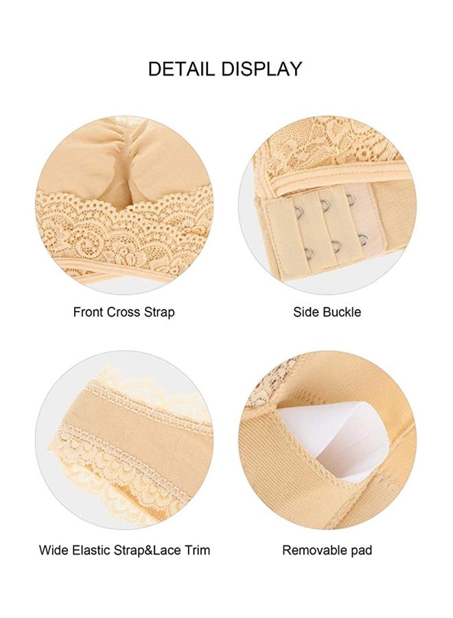 2 Pieces Lace Vest Bra Seamless Front Cross Bras Adjustable Side Buckle Bra for Women Gym Wearing, Beige, Black (XL) - Image 4