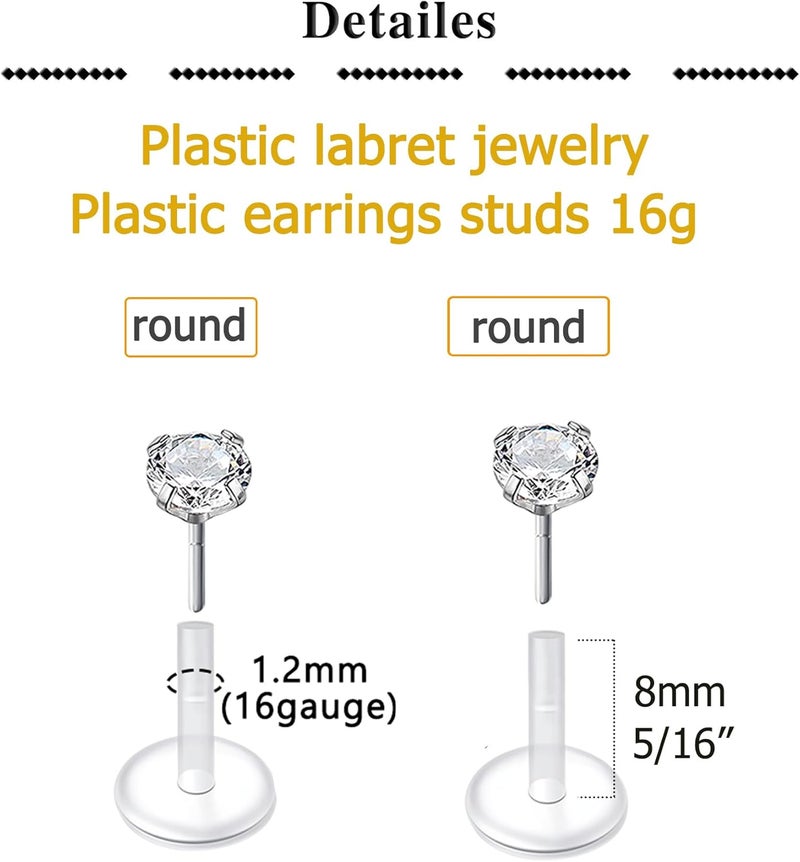 QWALIT 16G Clear Lip Rings Studs Plastic Medusa Labret Piercing Jewelry Push in Cartilage Earring Tragus Earrings Threadless Helix Piercing Jewelry Helix Earrings 6mm 8mm 10mm - Image 2