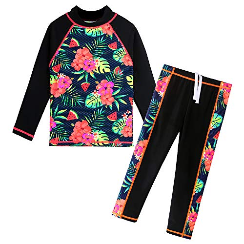 BAOHULU Girls Two Piece Swimsuit Floral UPF 50+ Rash Guard Set Kids Swimwear S301_BlackFlower_12A - Image 1