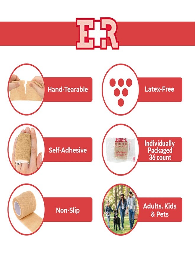 Ever Ready First Aid Self Adherent Cohesive Wrap Bandages, 2” x 5 Yards for First Aid, Sprains, Swelling, Sports, Pets, Tan – 36 Count - Image 2