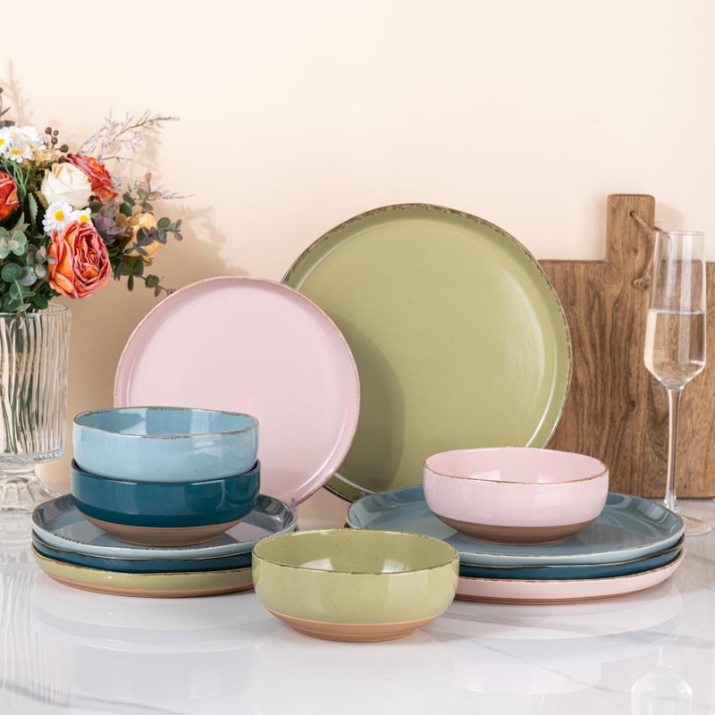 AmorArc Ceramic Dinnerware Sets for 4, 12 Pieces Handpainted Plates and Bowls Set with Rustic Terracotta Underside, Scratch Resistant Stoneware Dishes Set, Dishwasher & Microwave Safe, Multi-Color - Image 1