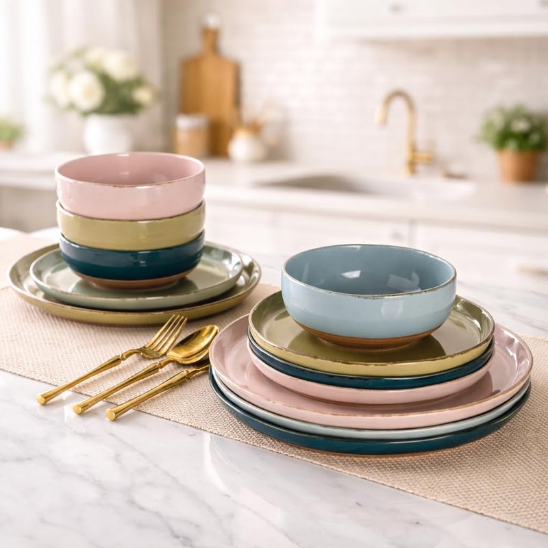 AmorArc Ceramic Dinnerware Sets for 4, 12 Pieces Handpainted Plates and Bowls Set with Rustic Terracotta Underside, Scratch Resistant Stoneware Dishes Set, Dishwasher & Microwave Safe, Multi-Color - Image 5