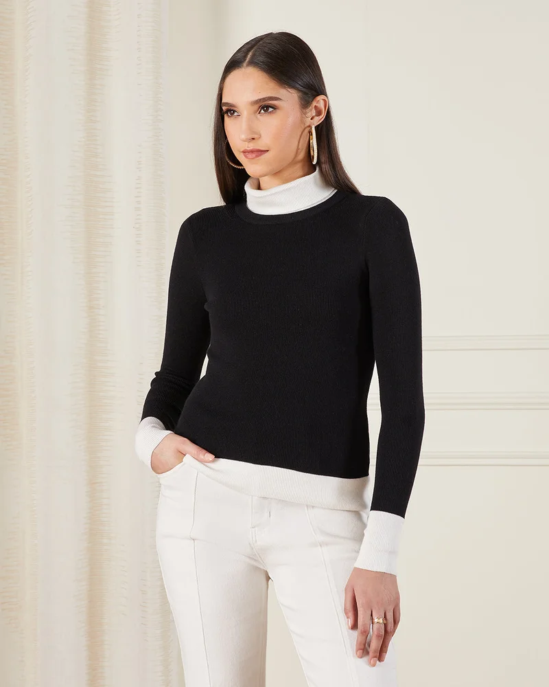 REDTAG Women Black Turtle Neck Knitted Pullover