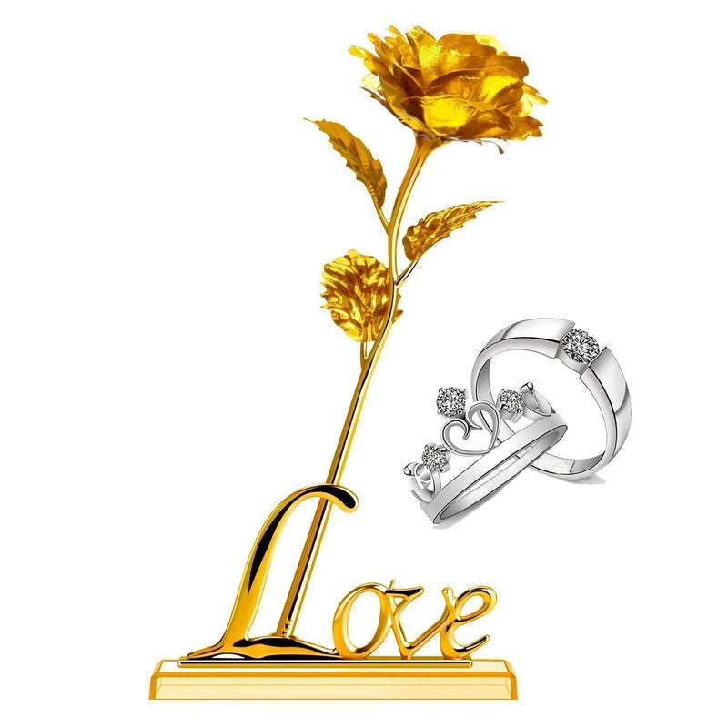 Natali Artificial Rose with Love Stand and Couple Ring Golden - Image 1