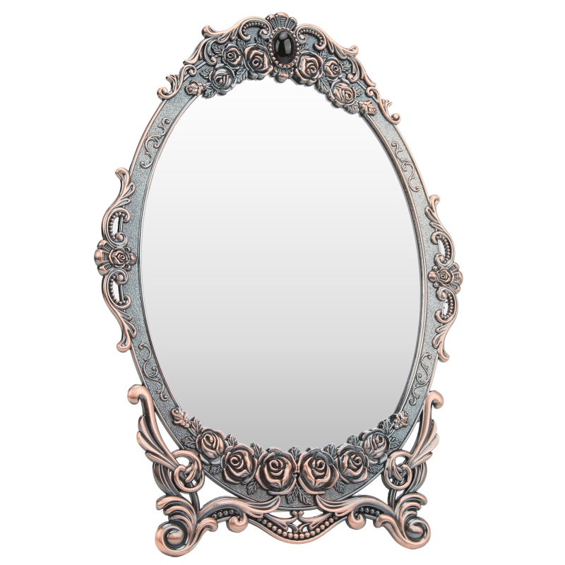 Oval Desktop Makeup Mirror: Floral Embossed Beaded Edge - Clear Distortion-Free Image Retro Vintage Vanity Mirror for Home Vanity Dressers, Gifts for Women - Image 3