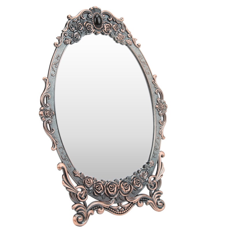 Oval Desktop Makeup Mirror: Floral Embossed Beaded Edge - Clear Distortion-Free Image Retro Vintage Vanity Mirror for Home Vanity Dressers, Gifts for Women - Image 4