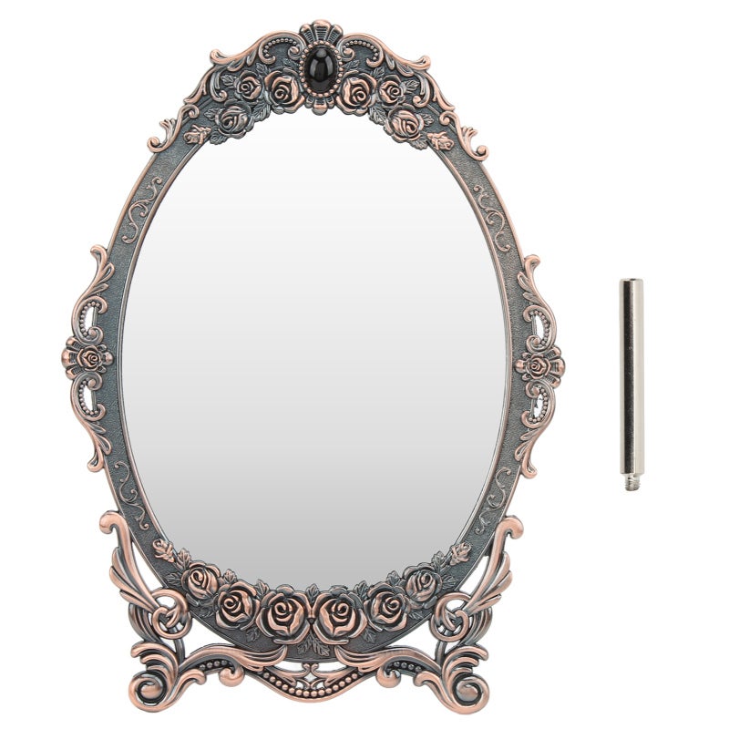 Oval Desktop Makeup Mirror: Floral Embossed Beaded Edge - Clear Distortion-Free Image Retro Vintage Vanity Mirror for Home Vanity Dressers, Gifts for Women - Image 1