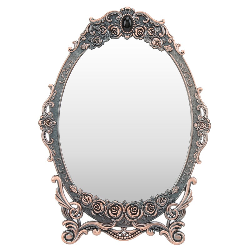 Oval Desktop Makeup Mirror: Floral Embossed Beaded Edge - Clear Distortion-Free Image Retro Vintage Vanity Mirror for Home Vanity Dressers, Gifts for Women - Image 2