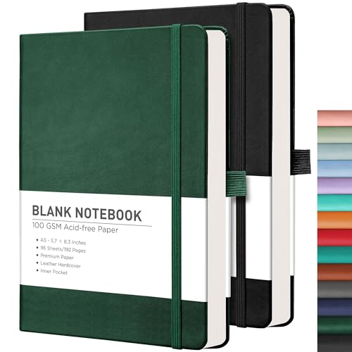 RETTACY Blank Journal Notebook, 2-Pack, 192 Pages per Pack, A5 Medium Size (5.7'' x 8.3''), Leather Hardcover, 100 GSM Thick Paper, for Sketching, Drawing, Painting (Black & Dark Green) - Image 1