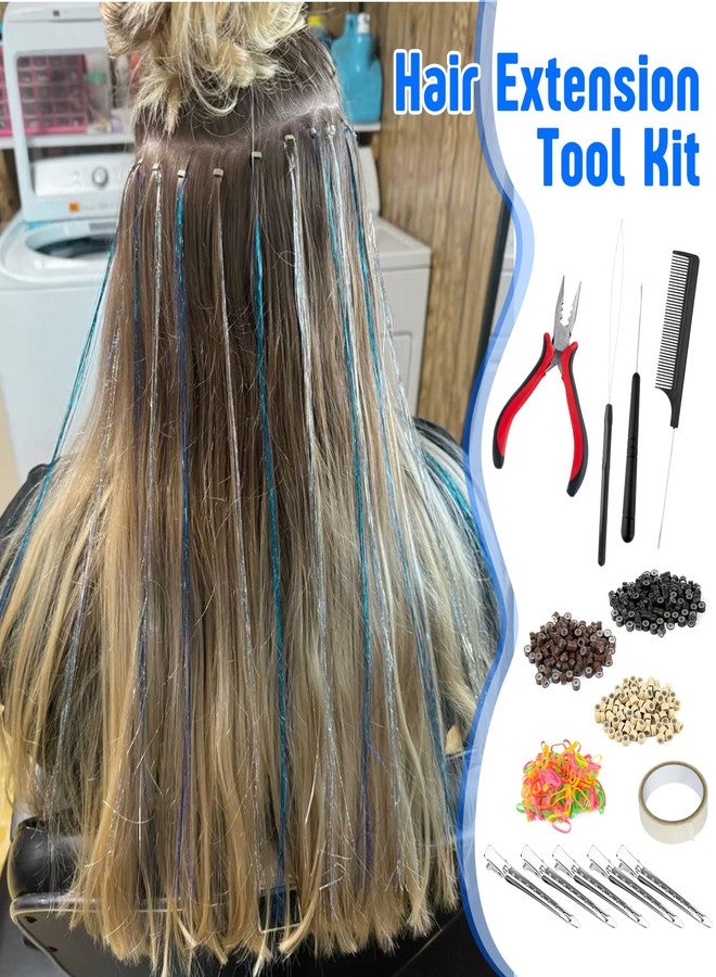 TRESSON Hair Extension Tools Kit,300 Pcs Silicone Lined Micro Links Beads（3 colours） 100 Rubber Bands 6 Blue Glitter 1 Micro Beads Plier 2 Hook Needle Pulling Loop 5 Hair Clips, 1 Comb Hair Tinsel 40Pcs/Pack - Image 4