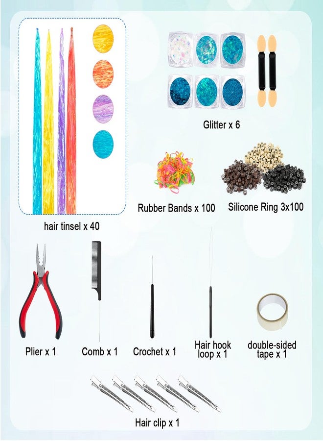TRESSON Hair Extension Tools Kit,300 Pcs Silicone Lined Micro Links Beads（3 colours） 100 Rubber Bands 6 Blue Glitter 1 Micro Beads Plier 2 Hook Needle Pulling Loop 5 Hair Clips, 1 Comb Hair Tinsel 40Pcs/Pack - Image 3