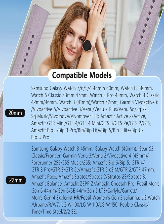 Meliya Silicone Watch Bands Quick Release 20mm 22mm Bands, Floral Engraved Soft Silicone Rubber Sport Replacement Watch Strap for Women Men (Taro Purple+Starlight+Cyan, 22mm) - Image 4