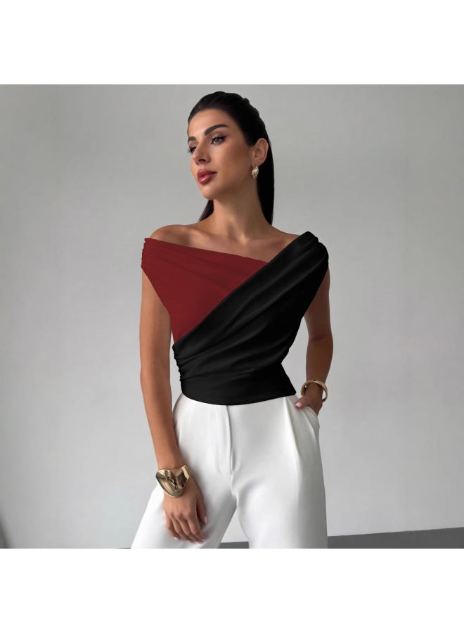 One-Shoulder Color-Block Top – Ruched Edge, Slim Fit, Elegant