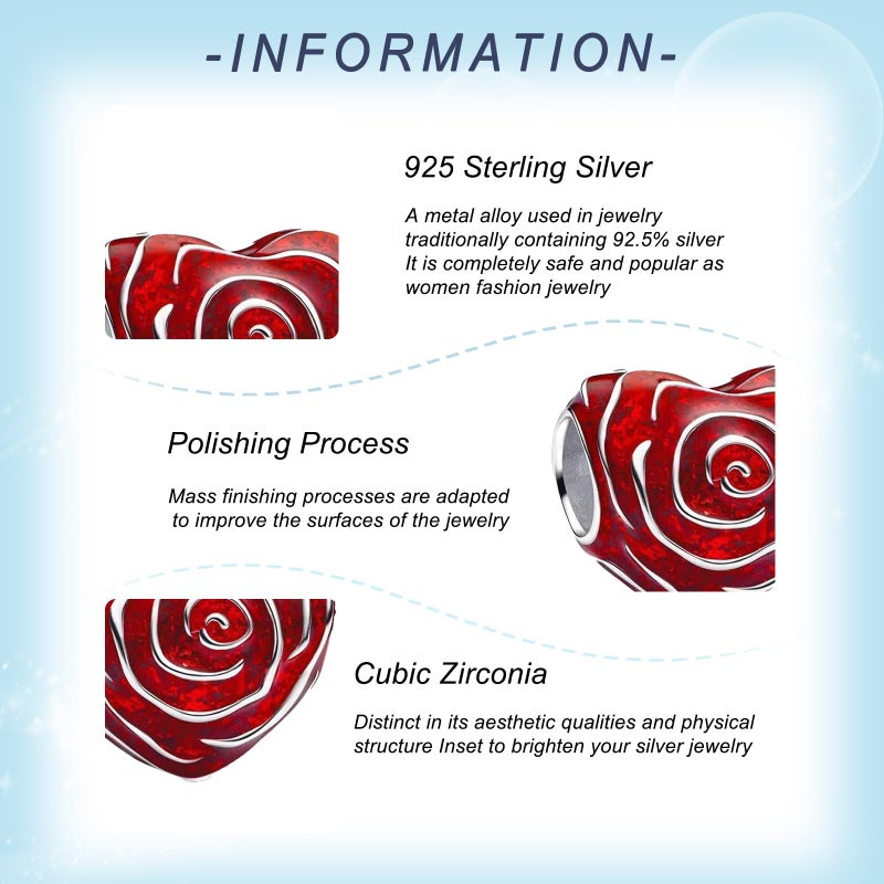 YUMINN Red Rose Heart Charms 925 Sterling Silver for Bracelets and Necklaces Pendant Beads Jewelry for Women - Image 5