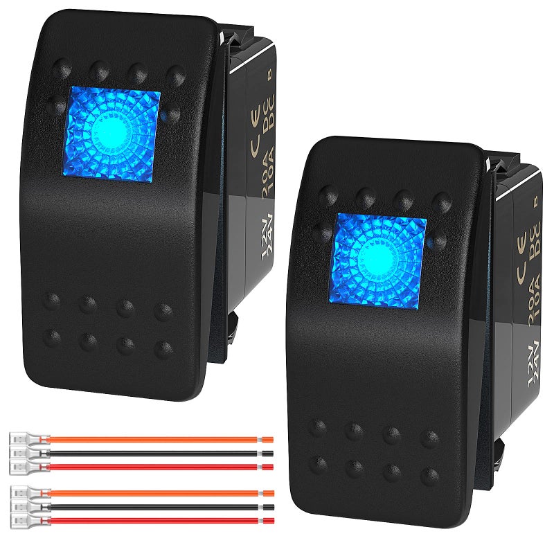 Joinfworld Marine Rocker Switch 12V 24V Lighted Rocker Switch 12 Volt 20A Blue LED 3 Pin SPST ON/Off Waterproof for Boat UTV RZR ATV Car Automotive -2Pcs - Image 1