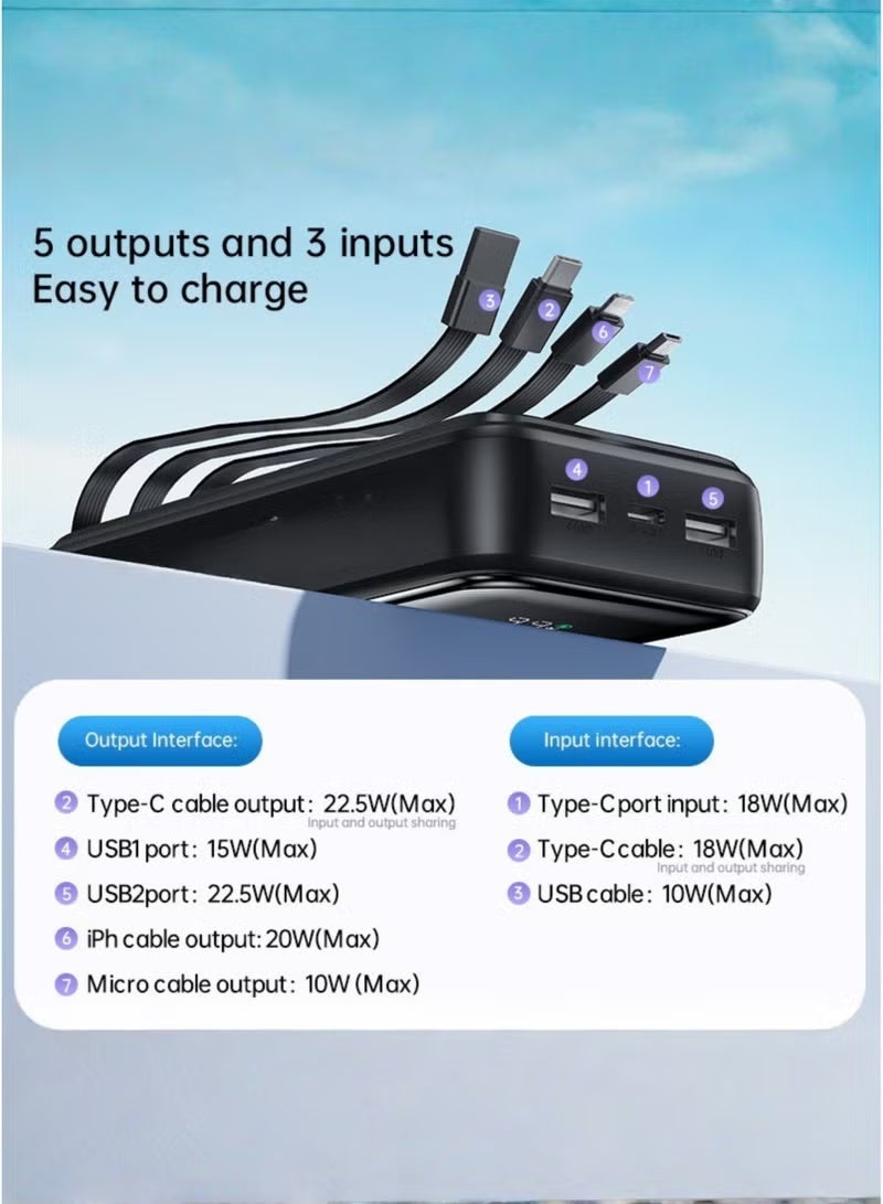 LEVINO Power Bank 20000mAh 22.5W Fast Charging, Portable Lightweight Powerbank with 4 Built-in Cables (USB, Type-C, Lightning, Mini USB), 2 USB + Type-C Ports, Overheat Protection – Black - Image 4