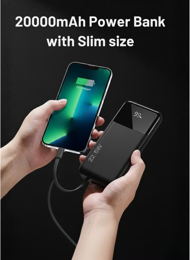 LEVINO Power Bank 20000mAh 22.5W Fast Charging, Portable Lightweight Powerbank with 4 Built-in Cables (USB, Type-C, Lightning, Mini USB), 2 USB + Type-C Ports, Overheat Protection – Black - Image 3