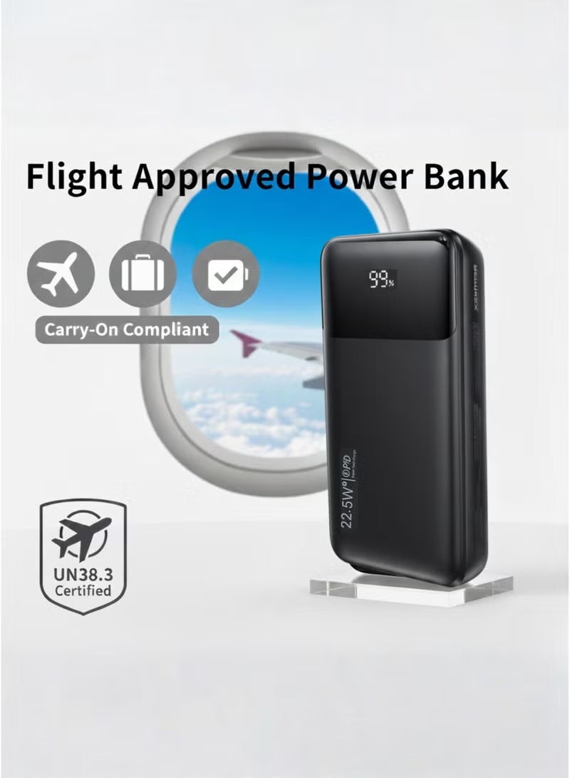 LEVINO Power Bank 20000mAh 22.5W Fast Charging, Portable Lightweight Powerbank with 4 Built-in Cables (USB, Type-C, Lightning, Mini USB), 2 USB + Type-C Ports, Overheat Protection – Black - Image 5